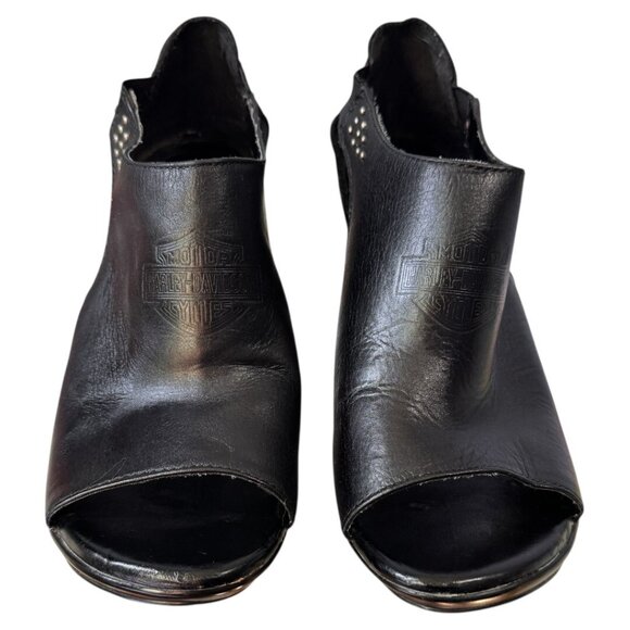 Harley Davidson Women’s Sandals Sz 7 Black Leather Open Toe Slide‎ Wedge - Picture 2 of 10
